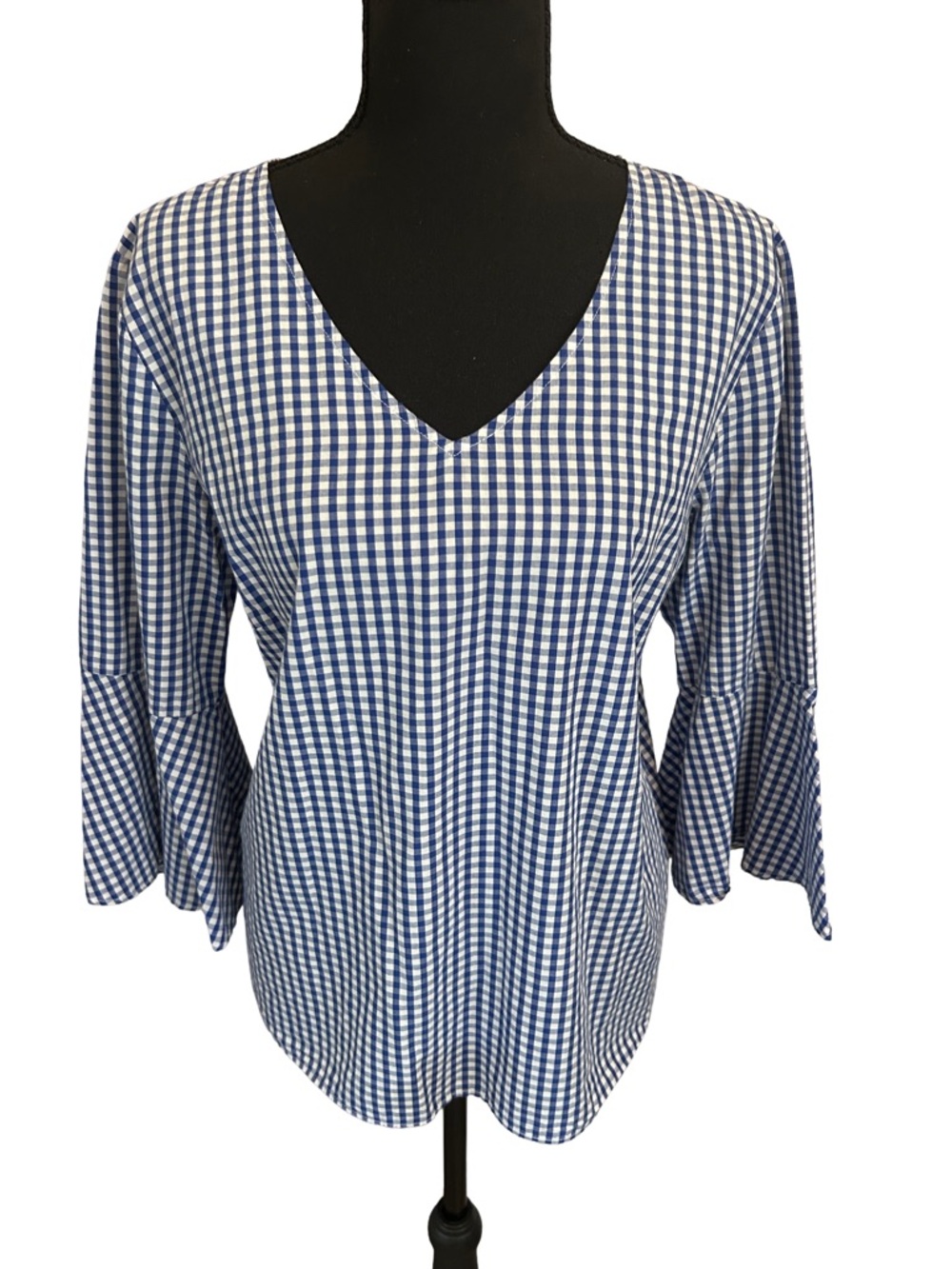 Jane and Delancey Blue and White Gingham V-Neck Bell Sleeve Blouse 100% Cotton M